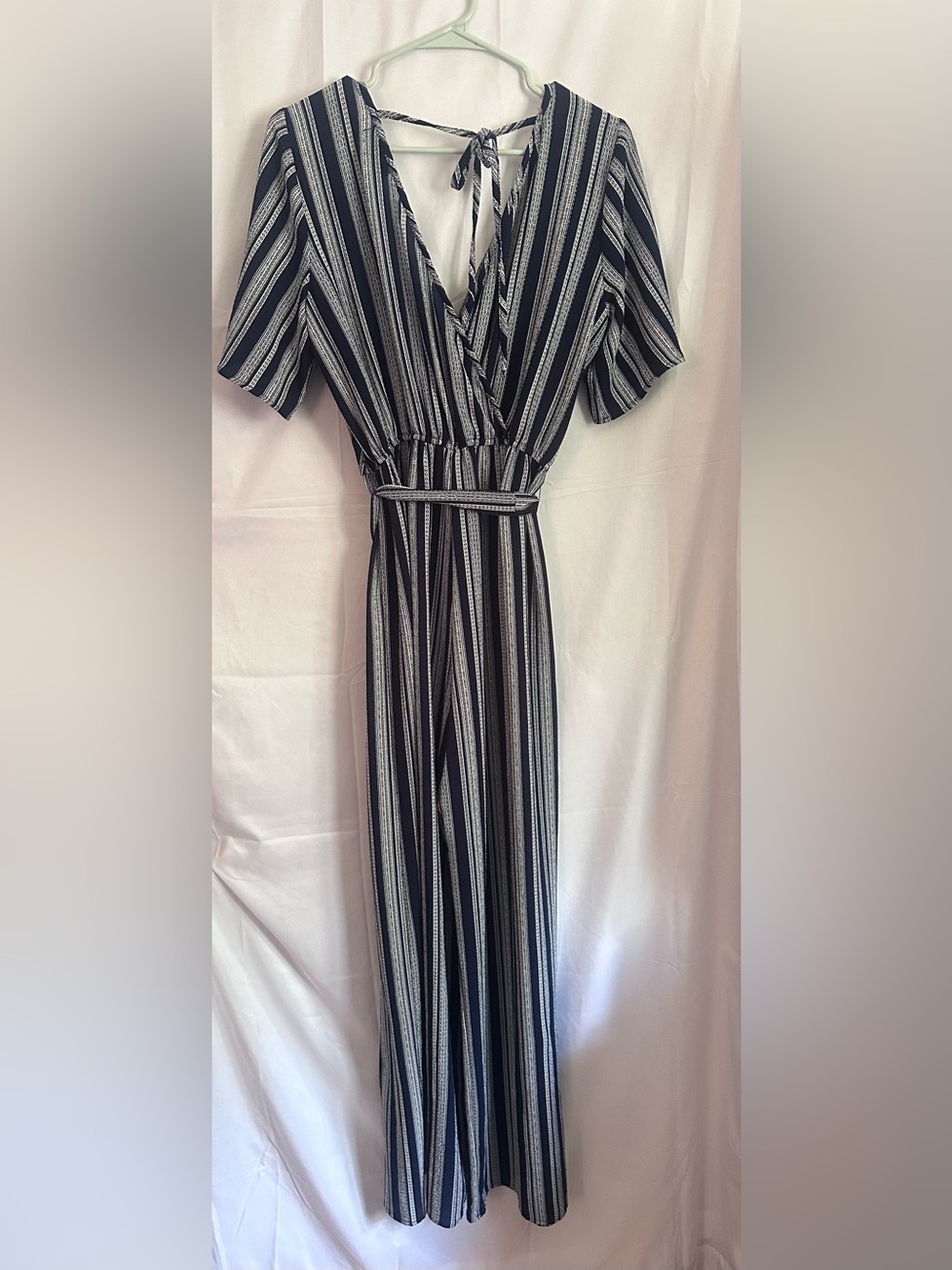 Trixxi Navy & White Striped Wrap-Front Jumpsuit with Tie Waist - Picture 5 of 7